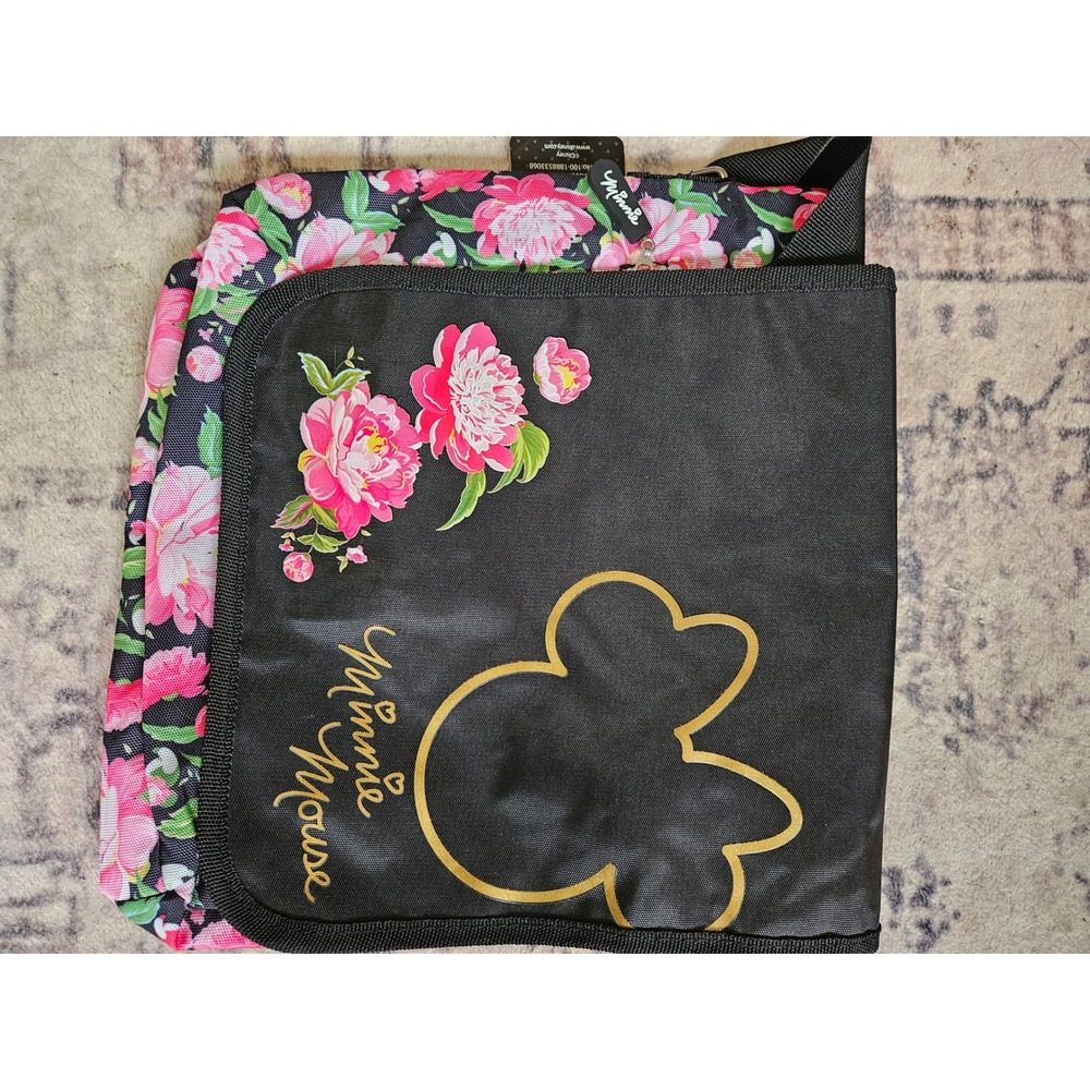 Disney Minnie Mouse Floral Crossbody Messenger Bag‎ Black Pink Gold NWT